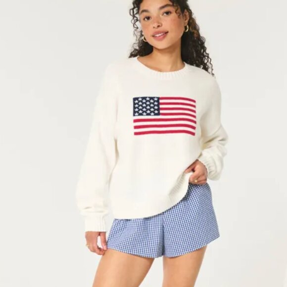 Hollister Relaxed American Flag Sweater Cream Medium Cotton EXCELLENT 🇺🇸 - Picture 2 of 11